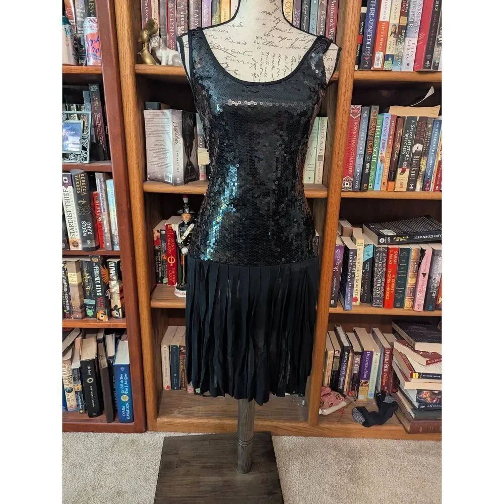 Vintage 80s Rhonda Harness Women's Size 6 Black Sequin Swinger Midi Dress NYE